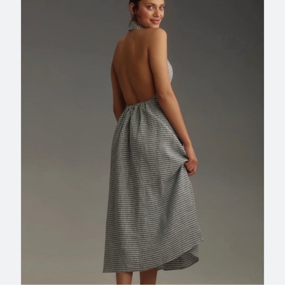 Reformation Tace Linen Dress in Slate Check Navy Open Back Midi Button Size 10 - Picture 2 of 8